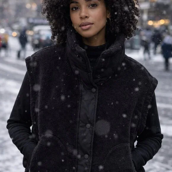 🖤 Free People Black Oversized Sherpa Puffer Vest / Jacket – Size M 🖤 - Picture 1 of 5